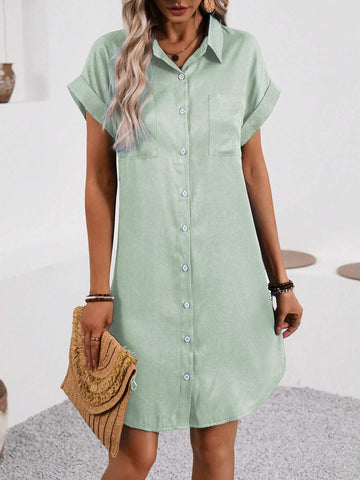 Women's Single-Breasted Batwing Sleeve Solid Color Summer Short Sleeve Dress