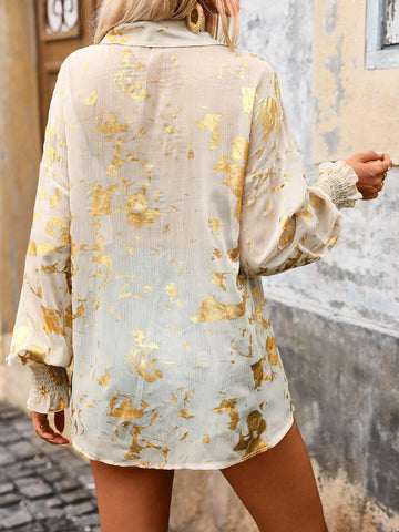 LUNE Women's Single-Breasted Lantern Sleeve Casual Long Sleeve Shirt With Print