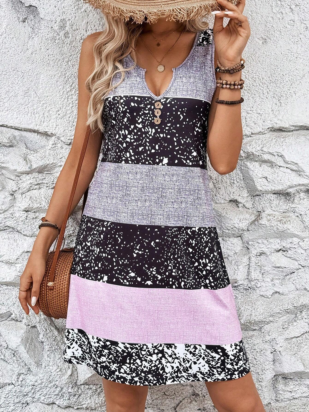 Women's Sleeveless Casual A-Line Midi Dress With Printed Patchwork And Notched Collar
