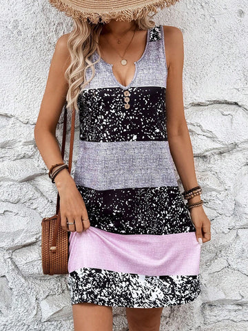 Women's Sleeveless Casual A-Line Midi Dress With Printed Patchwork And Notched Collar
