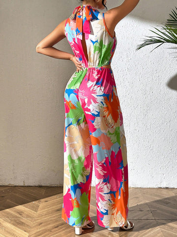 Women's Sleeveless Casual Jumpsuit With Plant Print