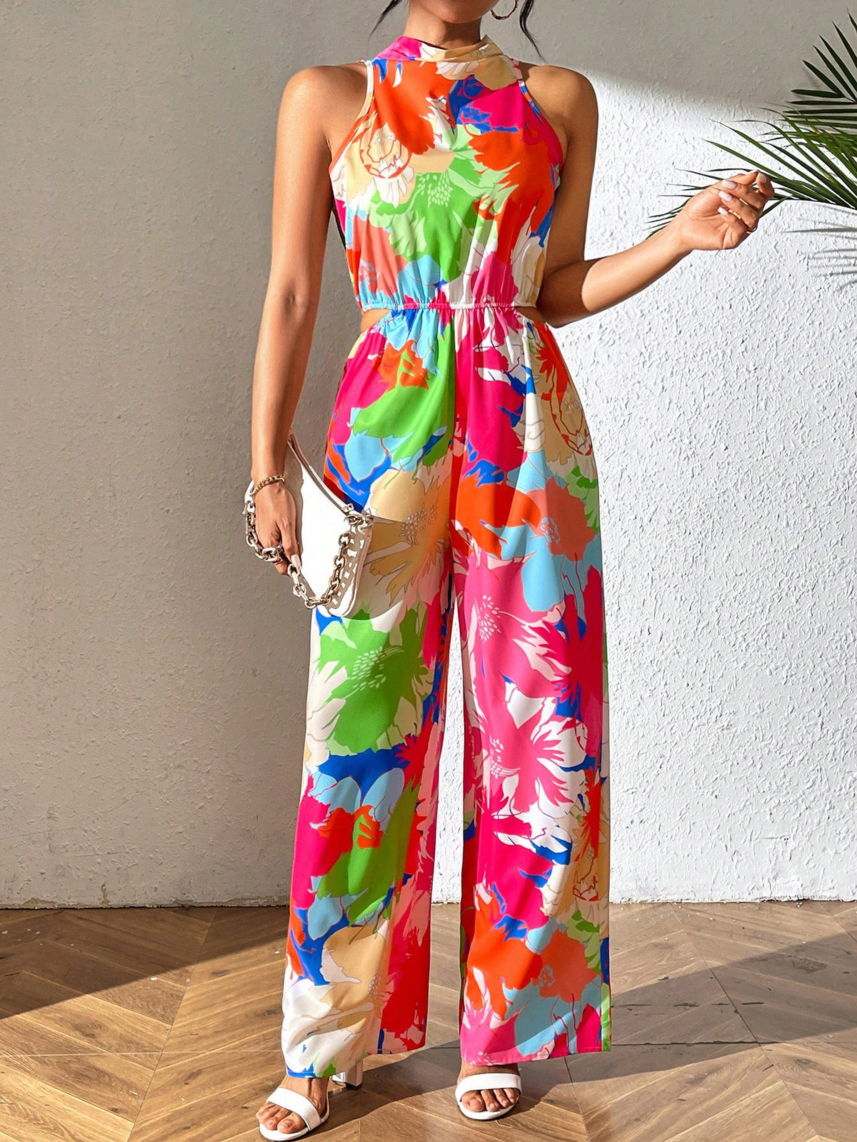 Women's Sleeveless Casual Jumpsuit With Plant Print