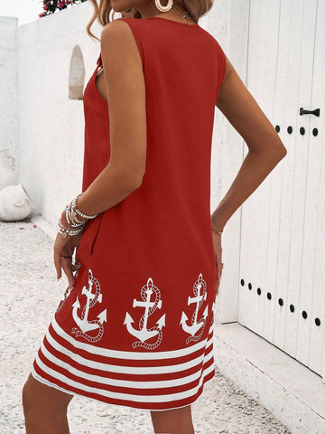 Women's Sleeveless Printed Dress For Holiday Vacation, Summer