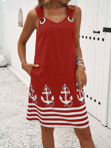 Women's Sleeveless Printed Dress For Holiday Vacation, Summer