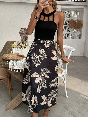 Women's Sleeveless Round Neck Hollow Out Splice Printing Fashionable Dress
