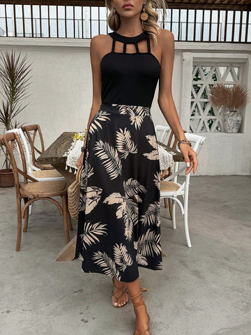 Women's Sleeveless Round Neck Hollow Out Splice Printing Fashionable Dress