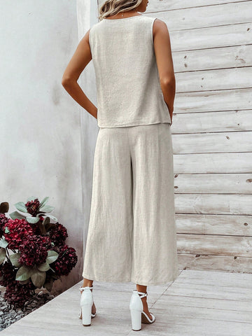 Women's Sleeveless Round Neck Top And Slanted Pocket Pants Casual Two-Piece Set