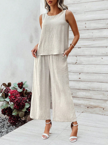 Women's Sleeveless Round Neck Top And Slanted Pocket Pants Casual Two-Piece Set