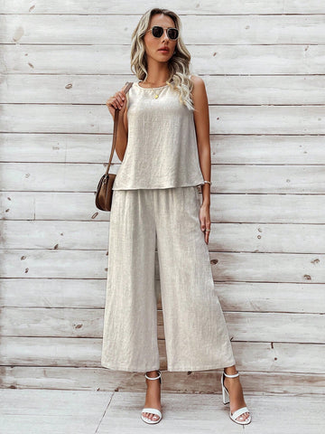 Women's Sleeveless Round Neck Top And Slanted Pocket Pants Casual Two-Piece Set