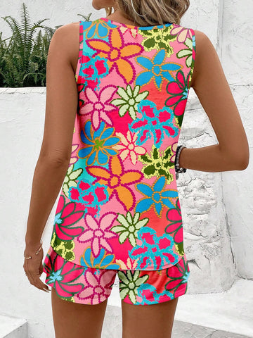 Women's Sleeveless Round Neck Vest And Short Sleeve T-Shirt 2pcs Set, Suitable For Summer