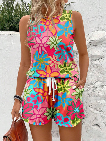 Women's Sleeveless Round Neck Vest And Short Sleeve T-Shirt 2pcs Set, Suitable For Summer