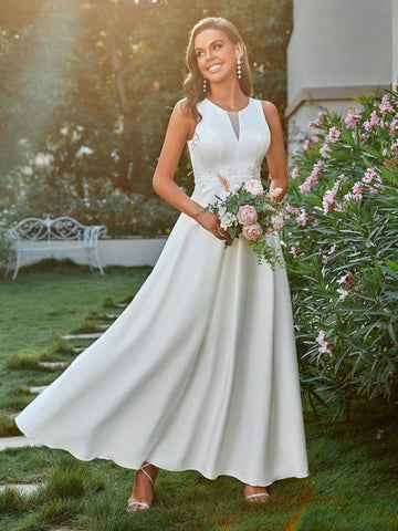 Women's Sleeveless Satin Wedding Guest Dress With Sheer Mesh Patchwork