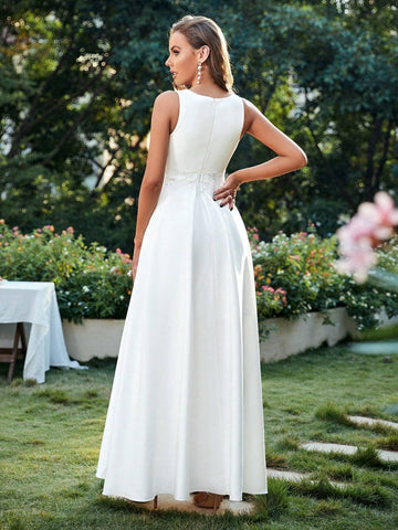 Women's Sleeveless Satin Wedding Guest Dress With Sheer Mesh Patchwork