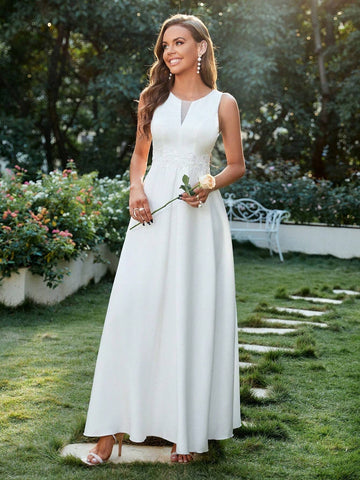 Women's Sleeveless Satin Wedding Guest Dress With Sheer Mesh Patchwork