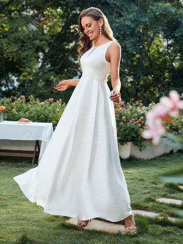 Women's Sleeveless Satin Wedding Guest Dress With Sheer Mesh Patchwork