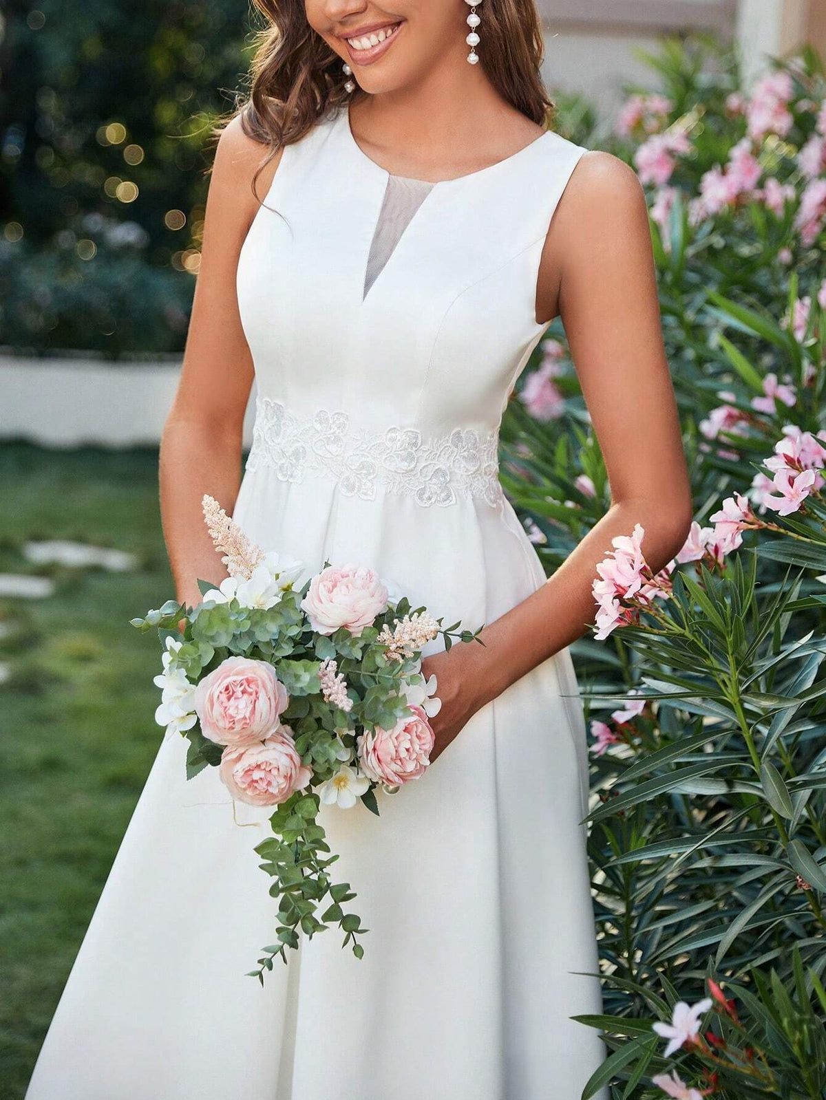 Women's Sleeveless Satin Wedding Guest Dress With Sheer Mesh Patchwork