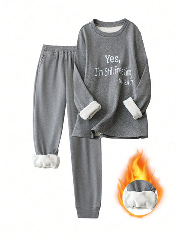Women's Slogan Printed Fleece Sweatshirt And Long Pants Set