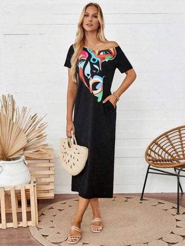Women's Solid Black One-Shoulder Casual Dress With People Pattern And Double Pockets