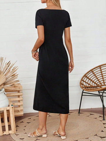 Women's Solid Black One-Shoulder Casual Dress With People Pattern And Double Pockets