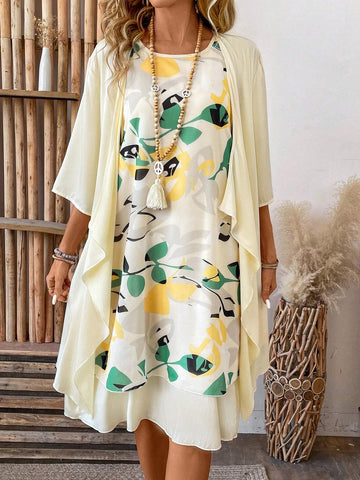 Women's Solid Color 3/4 Sleeve Open Front Coat And Floral Printed Sleeveless Dress Set