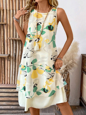 Women's Solid Color 3/4 Sleeve Open Front Coat And Floral Printed Sleeveless Dress Set