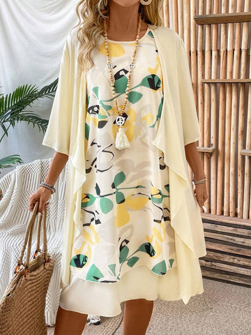 Women's Solid Color 3/4 Sleeve Open Front Coat And Floral Printed Sleeveless Dress Set