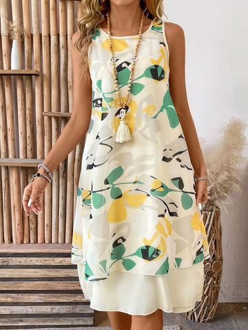 Women's Solid Color 3/4 Sleeve Open Front Coat And Floral Printed Sleeveless Dress Set