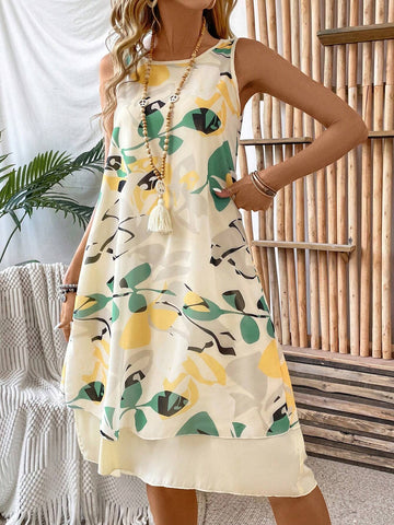 Women's Solid Color 3/4 Sleeve Open Front Coat And Floral Printed Sleeveless Dress Set