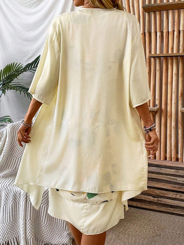 Women's Solid Color 3/4 Sleeve Open Front Coat And Floral Printed Sleeveless Dress Set