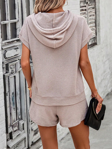 Women's Solid Color Batwing Short Sleeve Hoodie And Shorts Set