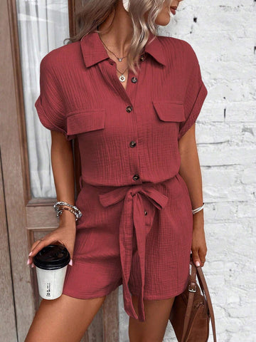 Solid Color Textured Button Half Placket Short Sleeve Jumpsuit