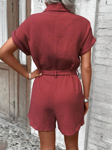 Solid Color Textured Button Half Placket Short Sleeve Jumpsuit