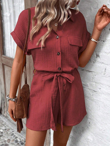 Solid Color Textured Button Half Placket Short Sleeve Jumpsuit