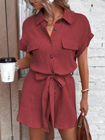 Solid Color Textured Button Half Placket Short Sleeve Jumpsuit