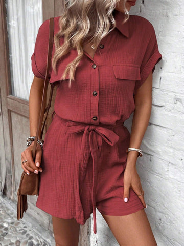 Solid Color Textured Button Half Placket Short Sleeve Jumpsuit