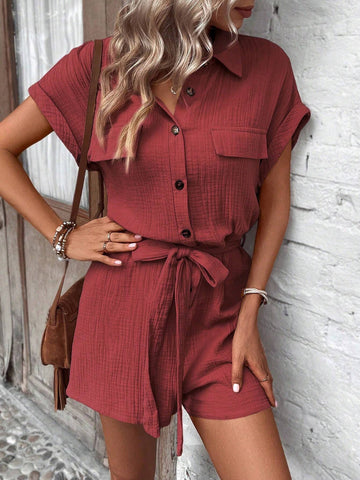 Solid Color Textured Button Half Placket Short Sleeve Jumpsuit