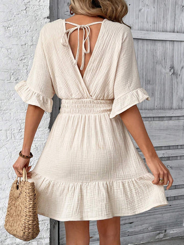 Women's Solid Color Batwing Sleeve Dress With Ruffles Hem