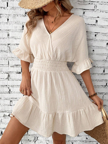 Women's Solid Color Batwing Sleeve Dress With Ruffles Hem