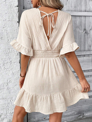 Women's Solid Color Batwing Sleeve Dress With Ruffles Hem