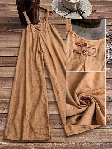 Women's Solid Color Button-Up Sleeveless Jumpsuit For Summer