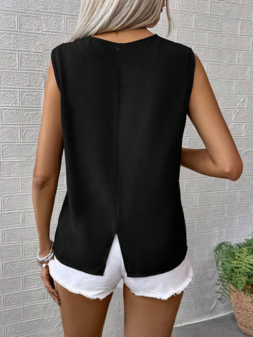 LUNE Women's Solid Color Button Design Sleeveless Round Neck Casual Summer Shirt