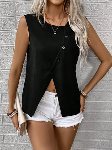 LUNE Women's Solid Color Button Design Sleeveless Round Neck Casual Summer Shirt