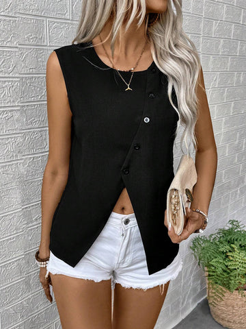 LUNE Women's Solid Color Button Design Sleeveless Round Neck Casual Summer Shirt