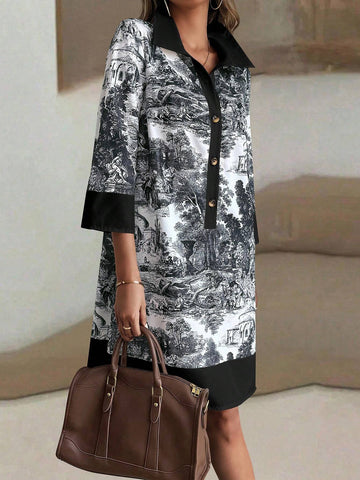 Women's Solid Color Button Front Long Sleeve Mini Dress, Random Floral Print