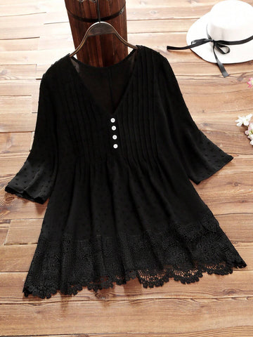 LUNE Women's Solid Color Button Front Mid-Long Sleeve Simple Casual Shirt