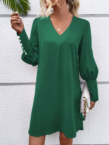 Women's Solid Color Button Long Sleeve Casual Short Dress