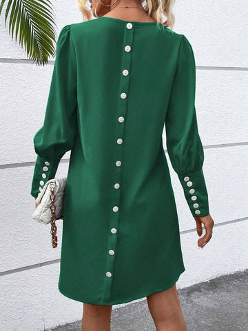 Women's Solid Color Button Long Sleeve Casual Short Dress