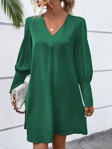 Women's Solid Color Button Long Sleeve Casual Short Dress