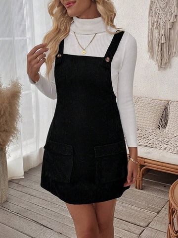 Women's Solid Color Casual Cargo Pockets Strap Summer Dress