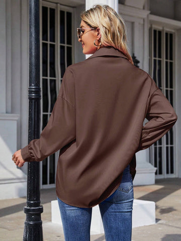 LUNE Women's Solid Color Drop Shoulder Long Sleeve Casual Blouse, Autumn